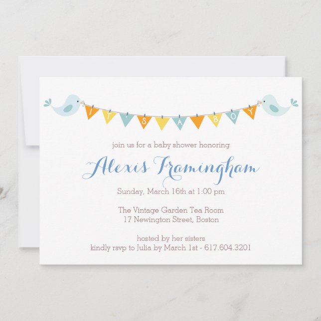 Convite Bunting do chá de fraldas do pássaro de (Frente)