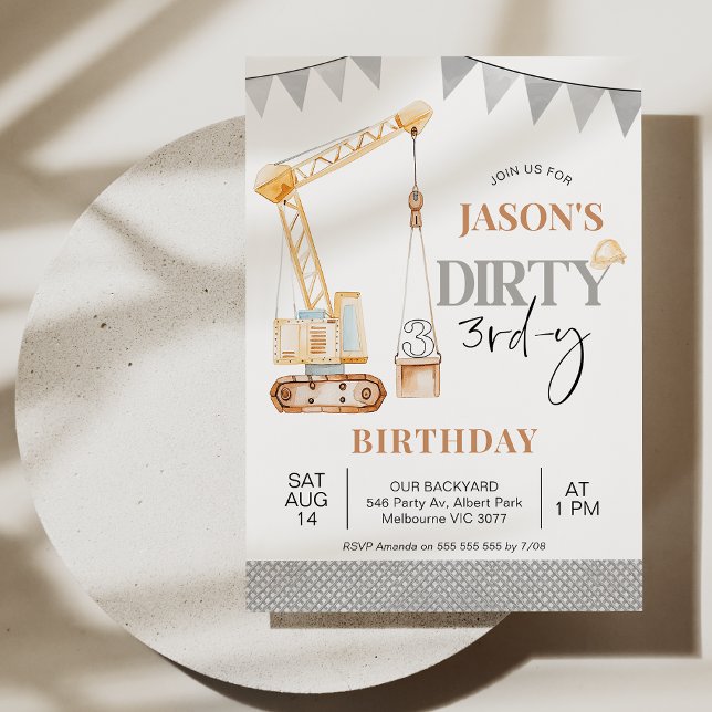 Convite Bunting Yellow Construction Dirty 3rd y Birthday (Boys Construction Dirty 3rd-y Birthday Invitation Template, Editable Crane 3rd Birthday Invitation)