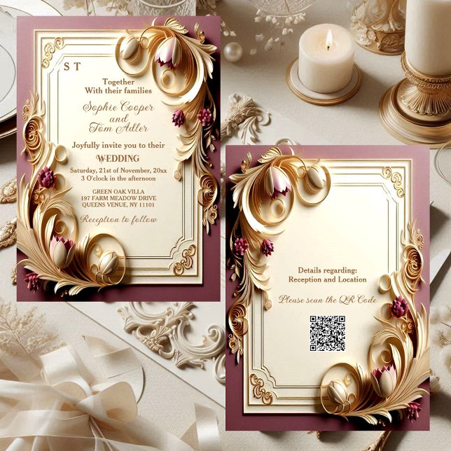 Convite Búpula de Morango Opulência Dourada de marfim Casa (Soft Mulberry Baroque Opulence Ivory Gold Tulip Wedding Invitation)