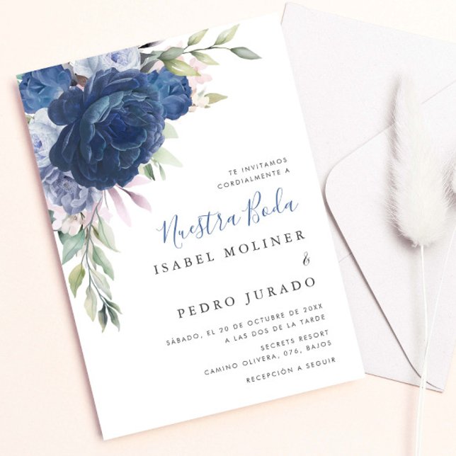 Convite Buquê Azul Nuestra Boda Casamento Espanhol (Criador carregado)