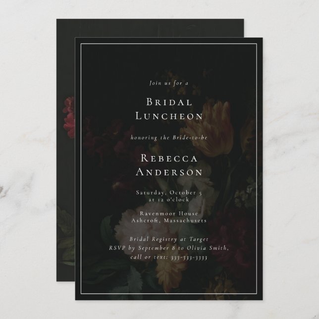 Convite Buquê das Flores Elegantes Escuras (Frente/Verso)