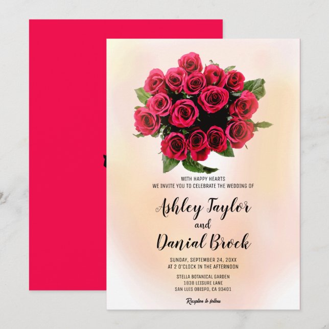 Convite Buquê de aquarela blush rosa vermelha casamento fl (Frente/Verso)