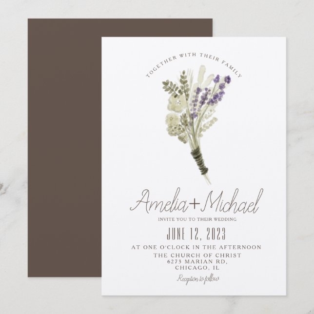 Convite Buquê de Aquarela de Lavanda Ecológico Casamento (Frente/Verso)