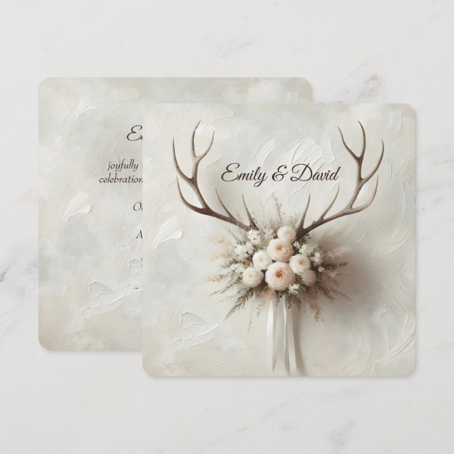 Convite Buquê de Casamento e Deer Antlers (Frente/Verso)