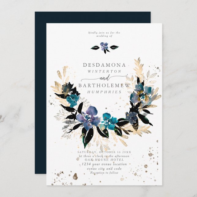 Convite Buquê de Casamento Floral Azul (Frente/Verso)