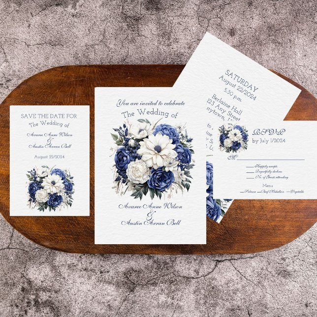 Convite Buquê de Casamento Floral Azul e Branco (Criador carregado)