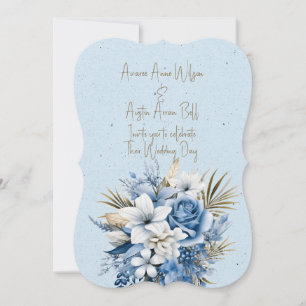 Convite Buquê de Casamento Floral Castanho Branco Azul