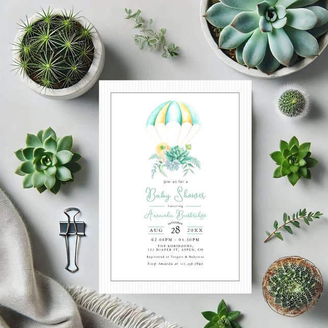 Convite Buquê de  de Paraquedas Floral Suculta Chá de fral (Floral Succulents Bouquet Parachute Baby Shower Invitation)