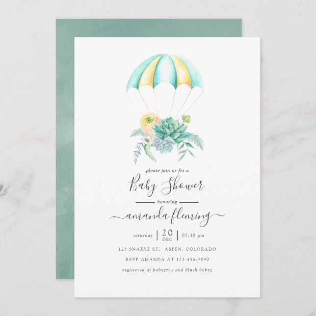 Convite Buquê de  de Paraquedas Floral Suculta Chá de fral (Frente/Verso)