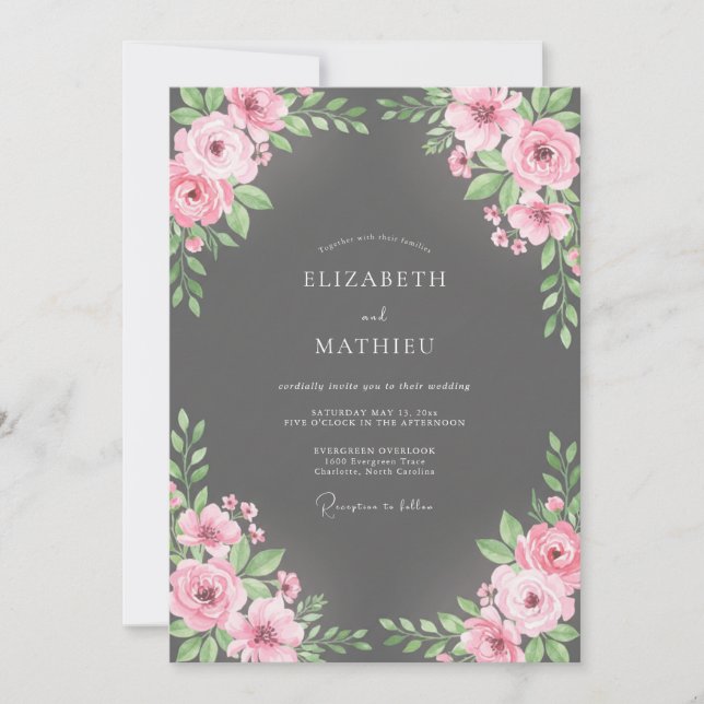 Convite Buquê de Eucalipto Blush Carvão Casamento (Frente)