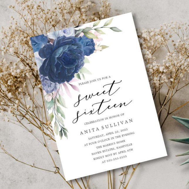 Convite Buquê de Flor Azul Doce Dezesseis 16 Aniversário (Criador carregado)