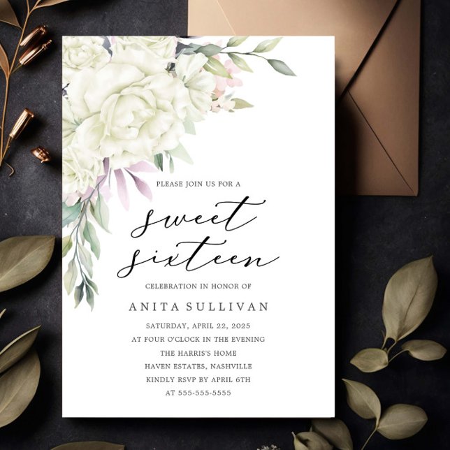 Convite Buquê de Flor Branco Doce Dezesseis e Dezesseis e  (Criador carregado)