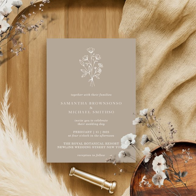Convite Buquê de Flor Castanho Beige Boho Mínimo Botânico (Criador carregado)