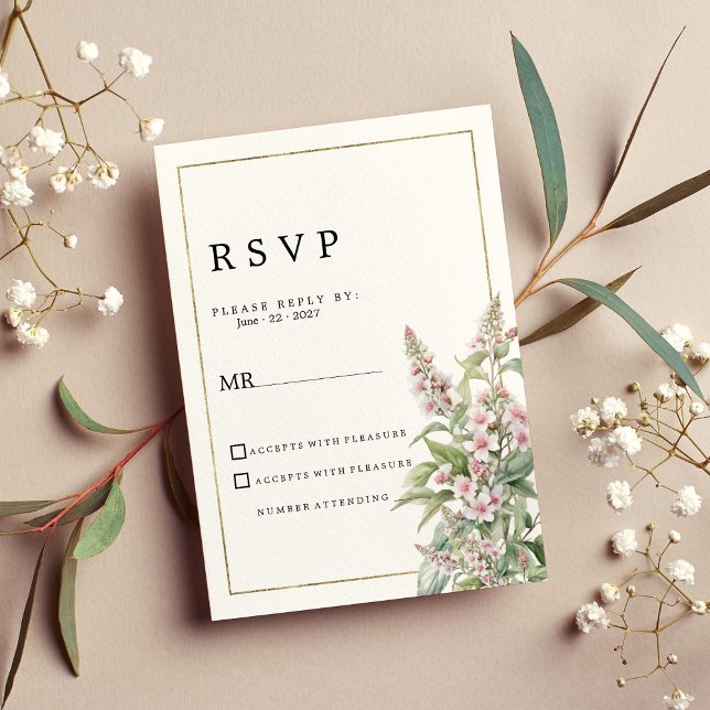 Convite Buquê de flor da horta rosa botânica RSVP (Botanical pink mint flower bouquet RSVP)