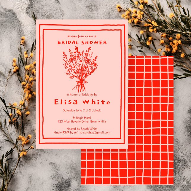 Convite Buquê de flor selvagem Chá de panela cáustico (Wildflower Bouquet Rustic Whimsical Hand Drawn Grid Bridal Shower Invitation
)