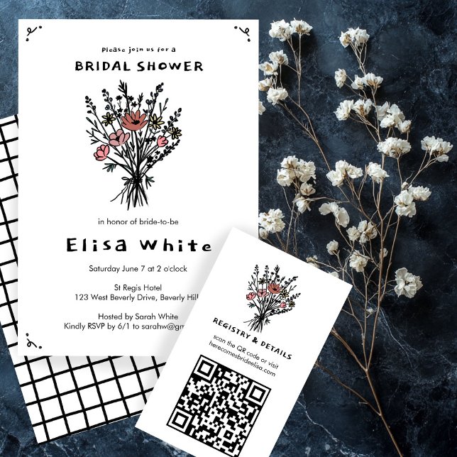 Convite Buquê de flor selvagem Chá de panela cáustico (Wildflower Bouquet Rustic Whimsical Bridal Shower Invitation
)