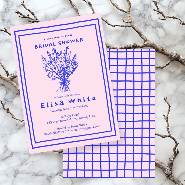 Convite Buquê de flor selvagem Chá de panela cáustico (Wildflower Bouquet Rustic Whimsical Bridal Shower Invitation Pink Blue
)