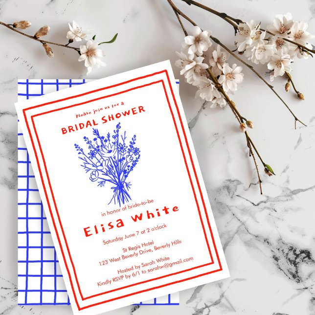 Convite Buquê de flor selvagem Chá de panela cáustico (Wildflower Bouquet Rustic Whimsical Bridal Shower Invitation red Blue Chic)
