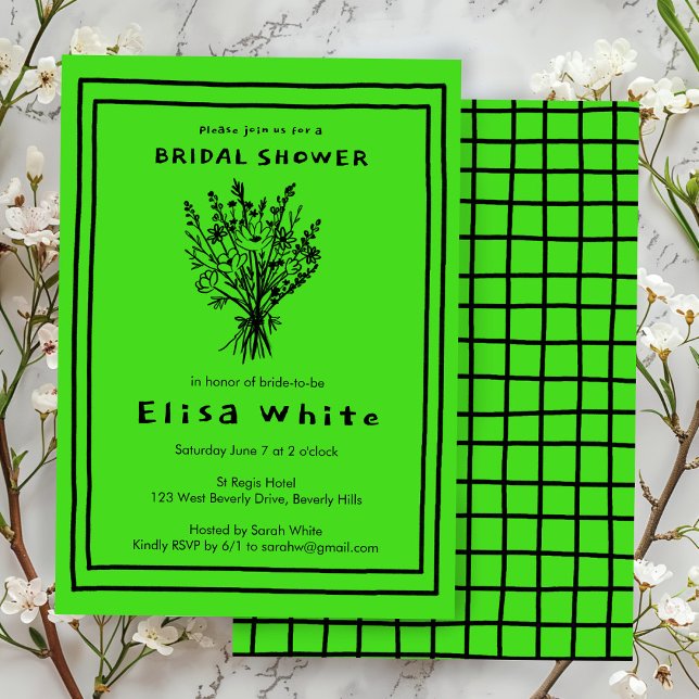Convite Buquê de flor selvagem Negrito Chá de panela (Wildflower Bouquet Whimsical Bridal Shower Bold Lime Brat Neon Invitation
)