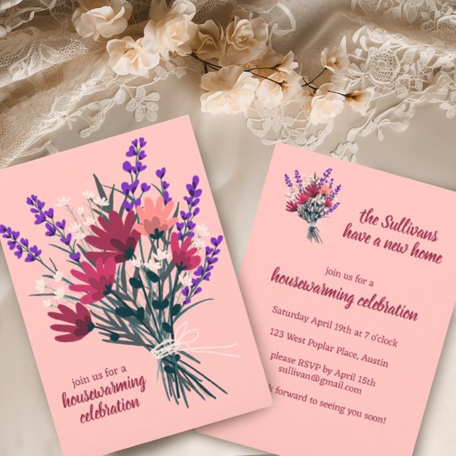Convite Buquê de flor selvagem Novo lar (Sweet custom housewarming party invitations with hand made wildflower bouquet. Digital also availabl)