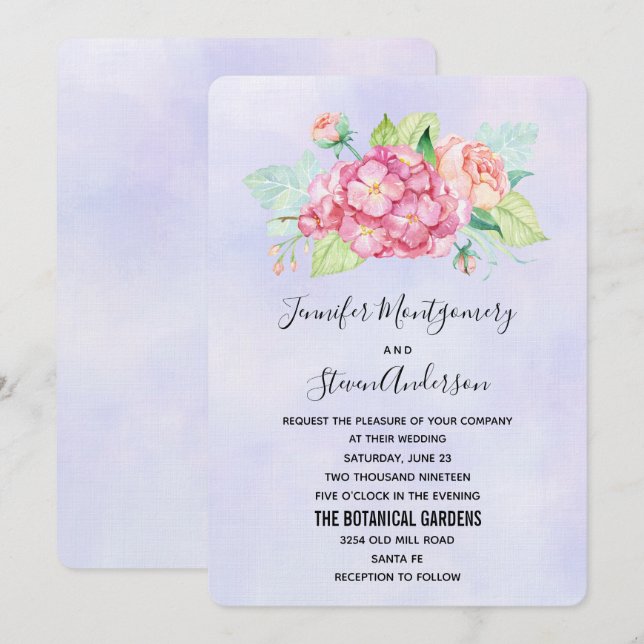 Convite Buquê de Flores de Aquarela Rosa Elegante Casament (Frente/Verso)
