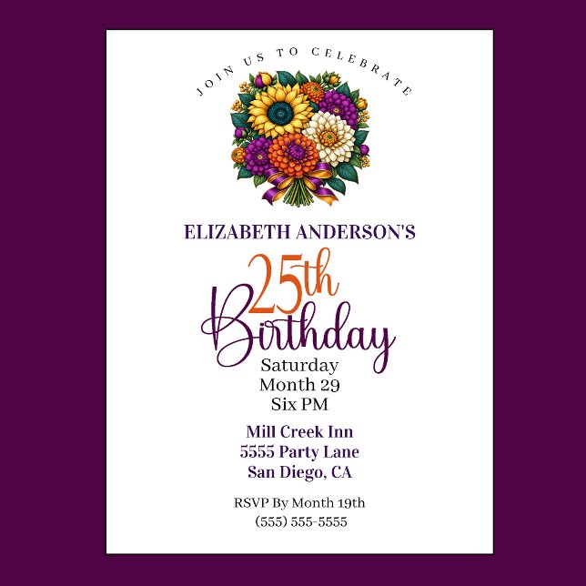 Convite Buquê de Flores de Outono Opulento Aniversário de  (Opulent Fall Flower Bouquet 25th Birthday Invitation For Women.)
