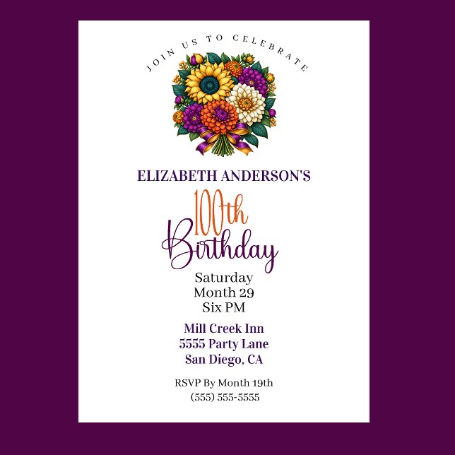 Convite Buquê de Flores de Outono Opulento Aniversário de  (Opulent Autumn Flower Bouquet 100th Birthday Invitation For Women.)