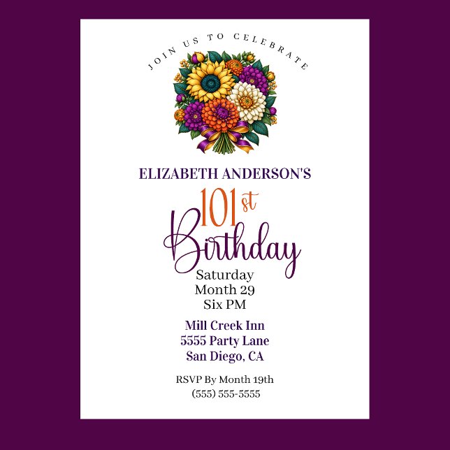 Convite Buquê de Flores de Outono Opulento para 101º Anive (Opulent Autumn Flower Bouquet 101st Birthday Invitation For Women.)