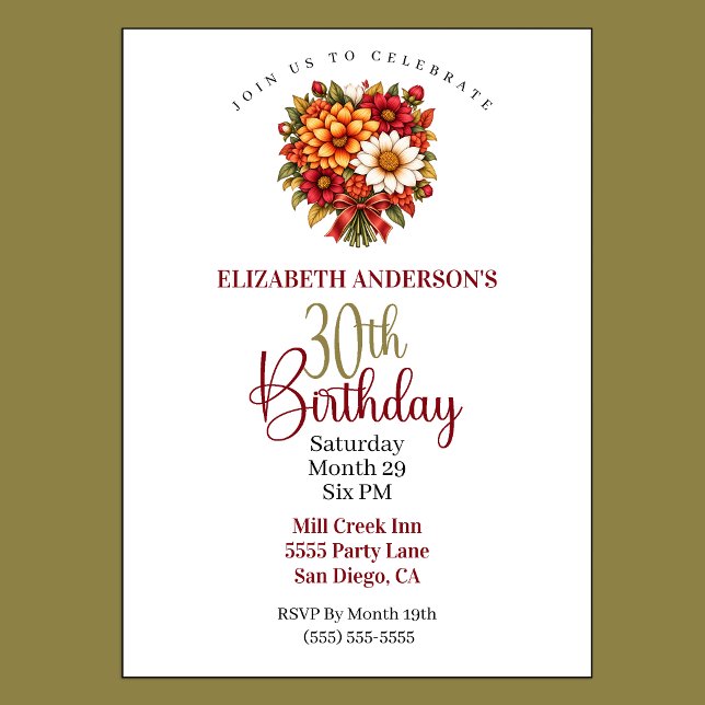 Convite Buquê de Flores de Outono para 30º Aniversário (Pretty Fall Flower Bouquet 30th Birthday Invitation For Women.)