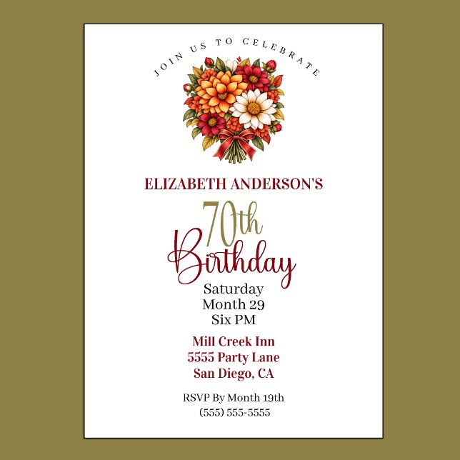 Convite Buquê de Flores de Outono para 70º Aniversário (Pretty Autumn Flower Bouquet 70th Birthday Invitation For Women.)