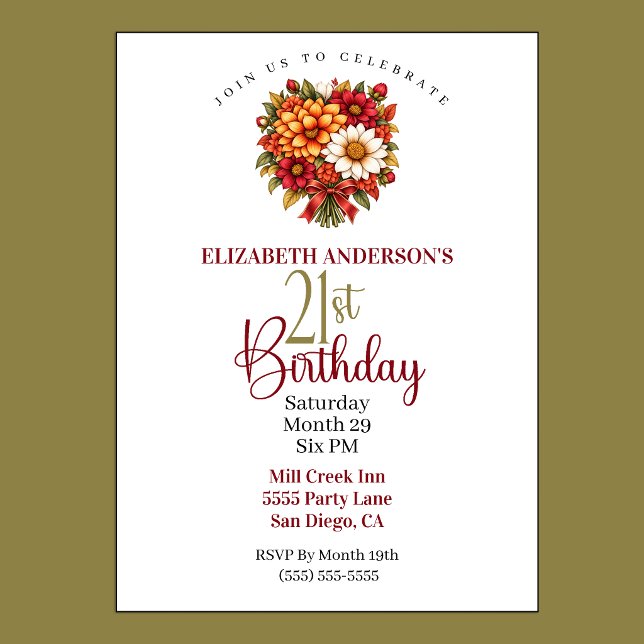 Convite Buquê de Flores de Outono para Aniversário de 21 A (Pretty Autumn Flower Bouquet 21st Birthday Invitation For Women.)