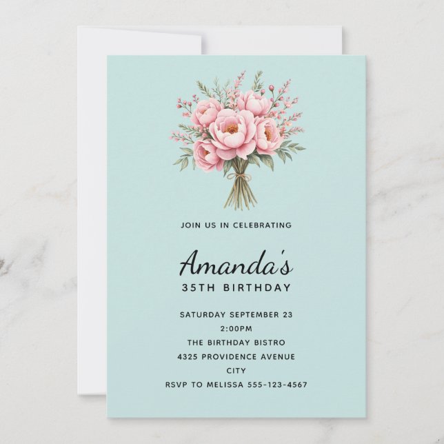 Convite Buquê de Flores de Peônia Rosa Bonito de Aniversár (Frente)