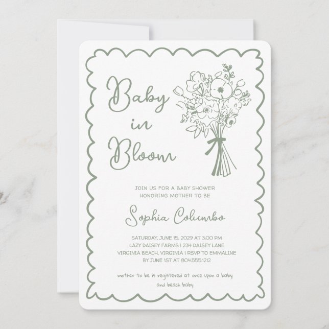 Convite Buquê de Flores Desenhadas à Mão Caprichosas Bebê  (Frente)