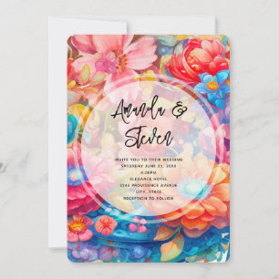 Convite Buquê de Flores em Rosa, Laranja e Azul Boho Casam