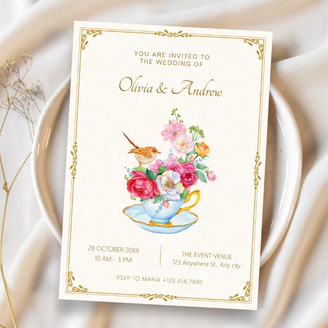 Convite Buquê de flores estética chávena de chá casamento (Criador carregado)