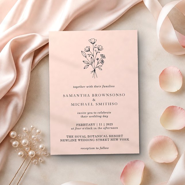 Convite Buquê de Flores Pastel Rosa Boho Mínimo Botânicos (Criador carregado)