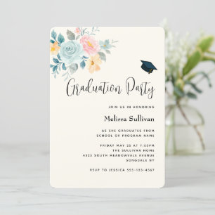 Convite Buquê de Flores Rosa e Azul Elegante para Formatur