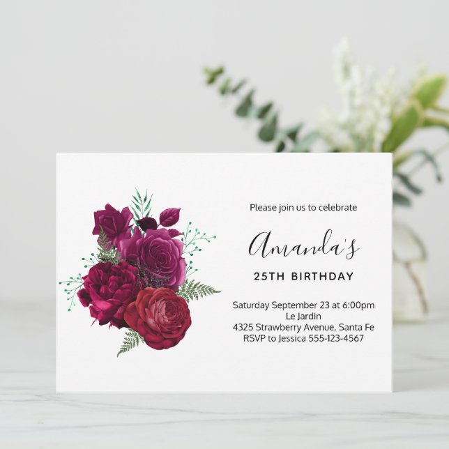 Convite Buquê De Flores Rosa Magenta Elegante De Aniversár (Em pé/Frente)