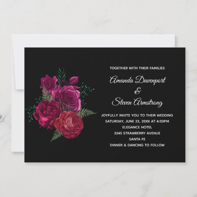 Convite Buquê de Flores Rosa Magenta Elegante para Casamen (Frente)