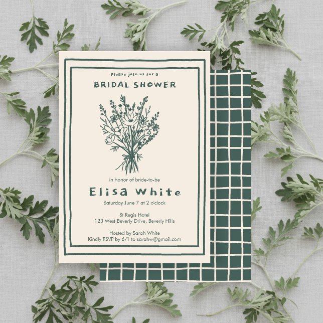 Convite Buquê de Flores Silvestres Churrasco Rústico Chá d (Wildflower Bouquet Rustic Whimsical Bridal Shower Sage Olive Green CUSTOM Invitation
)