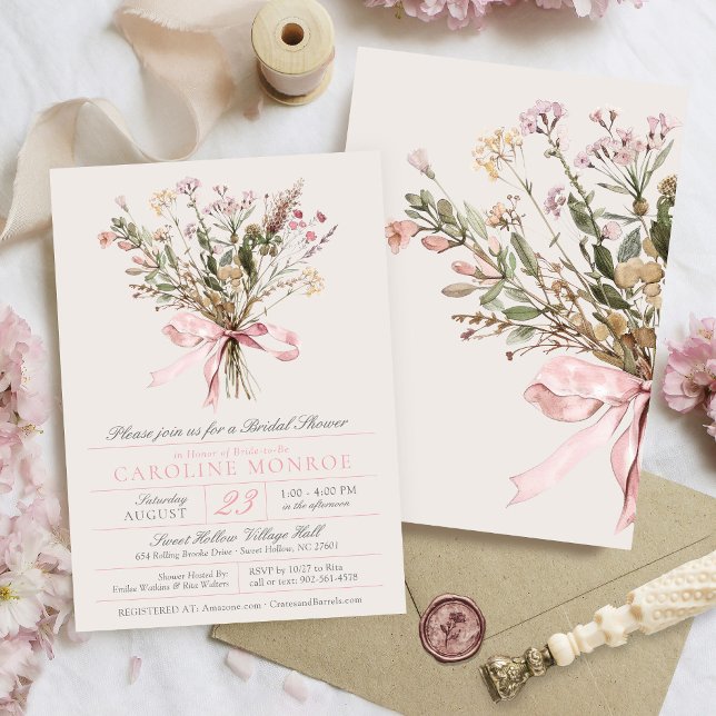 Convite Buquê de Flores Silvestres Rosa Laço Floral Chuvei (Elegant pink watercolor wildflower floral bouquet and bow vintage botanical bridal shower invitation)