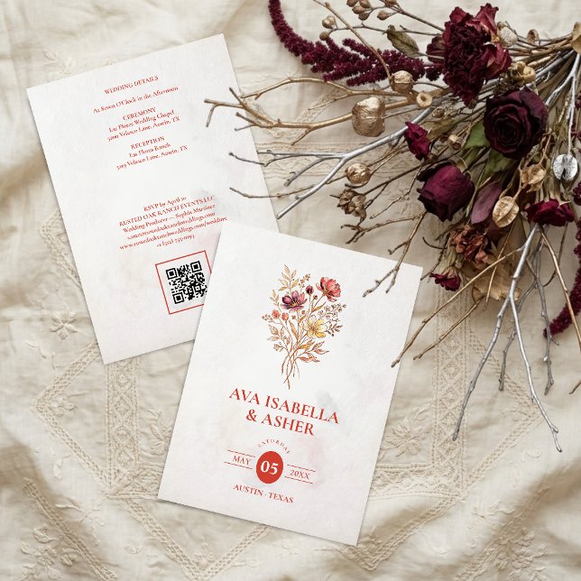 Convite Buquê de Flores Silvestres Rústico Chic Casamento  (Chic Rustic Wedding Invitation Featuring a Vibrant Multicolored Wildflowers Bouquet.)
