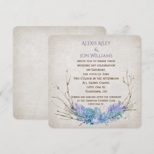 Convite buquê de galho de casamento roxo e aqua na textur