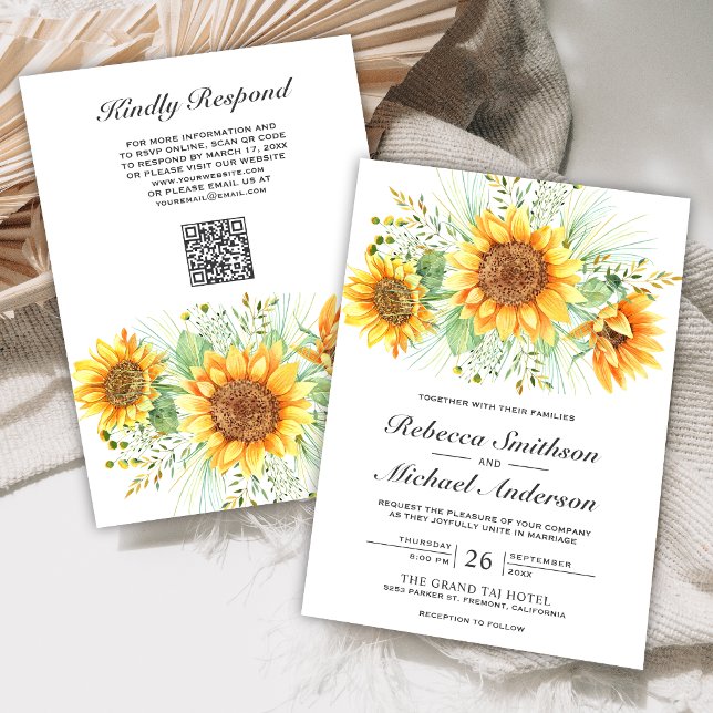 Convite Buquê de Girassóis Florais Rústicos Código QR Casa (Criador carregado)