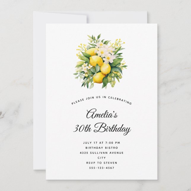 Convite Buquê de Limão com Aniversário de Flores Brancas (Frente)