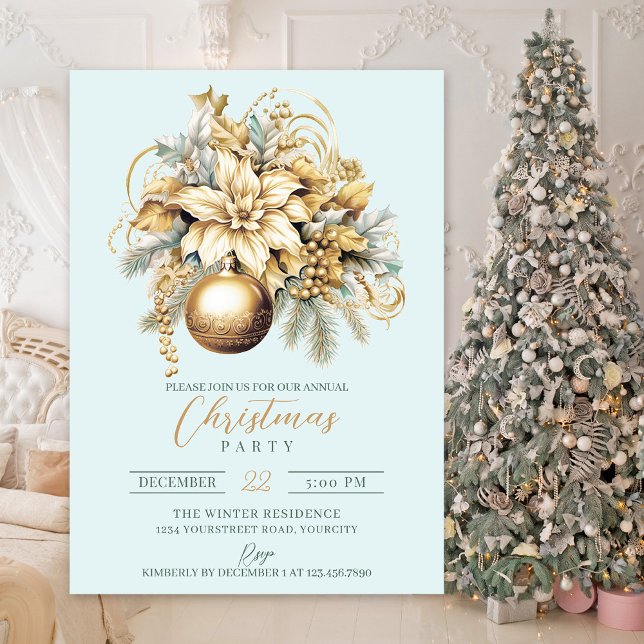 Convite Buquê de Natal de luxo clássico e elegante (Gold luxury elegant Christmas party invitation)