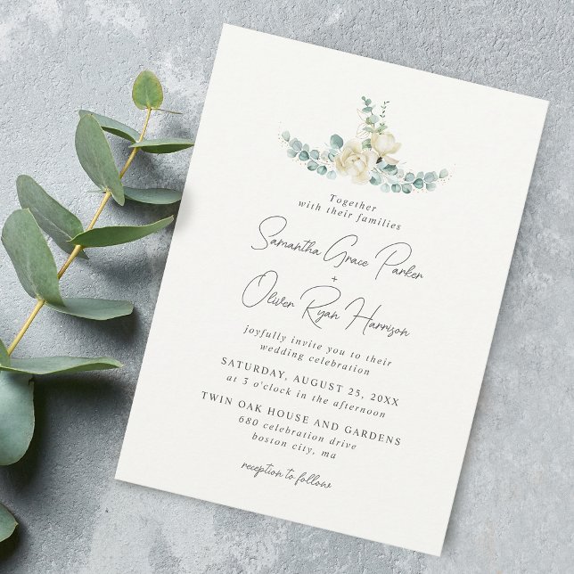 Convite Buquê De Noiva De Magnólia Branca Elegante Eucalip (Elegant White Magnolia Eucalyptus Bouquet Wedding Invitation)