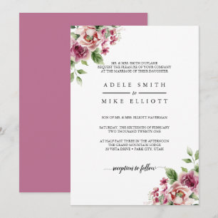 Convite Buquê de Noiva de Rosa Rosa em Aquarela Elegante