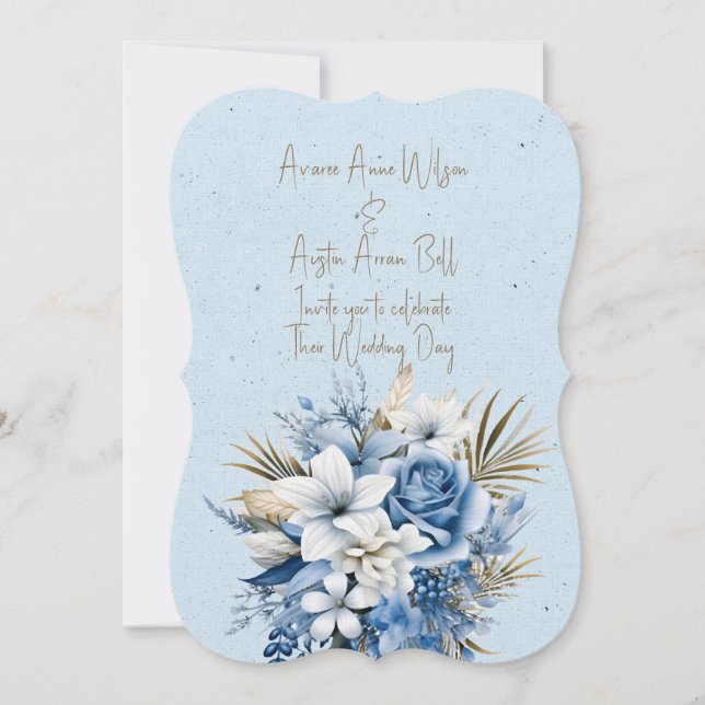 Convite Buquê de Noiva Floral Azul Branco Marrom (Frente)