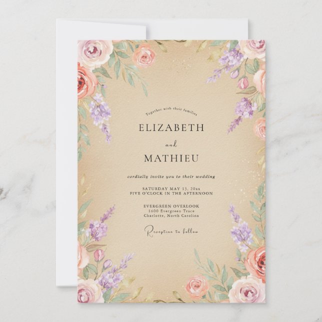 Convite Buquê de Pêssego Champagne Eucalipto Casamento (Frente)